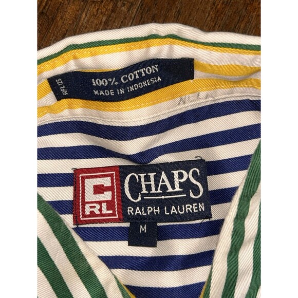 Vintage Ralph Lauren Chaps Shirt Mens M Bright Striped Colorblock Crest 90s - Picture 3 of 5